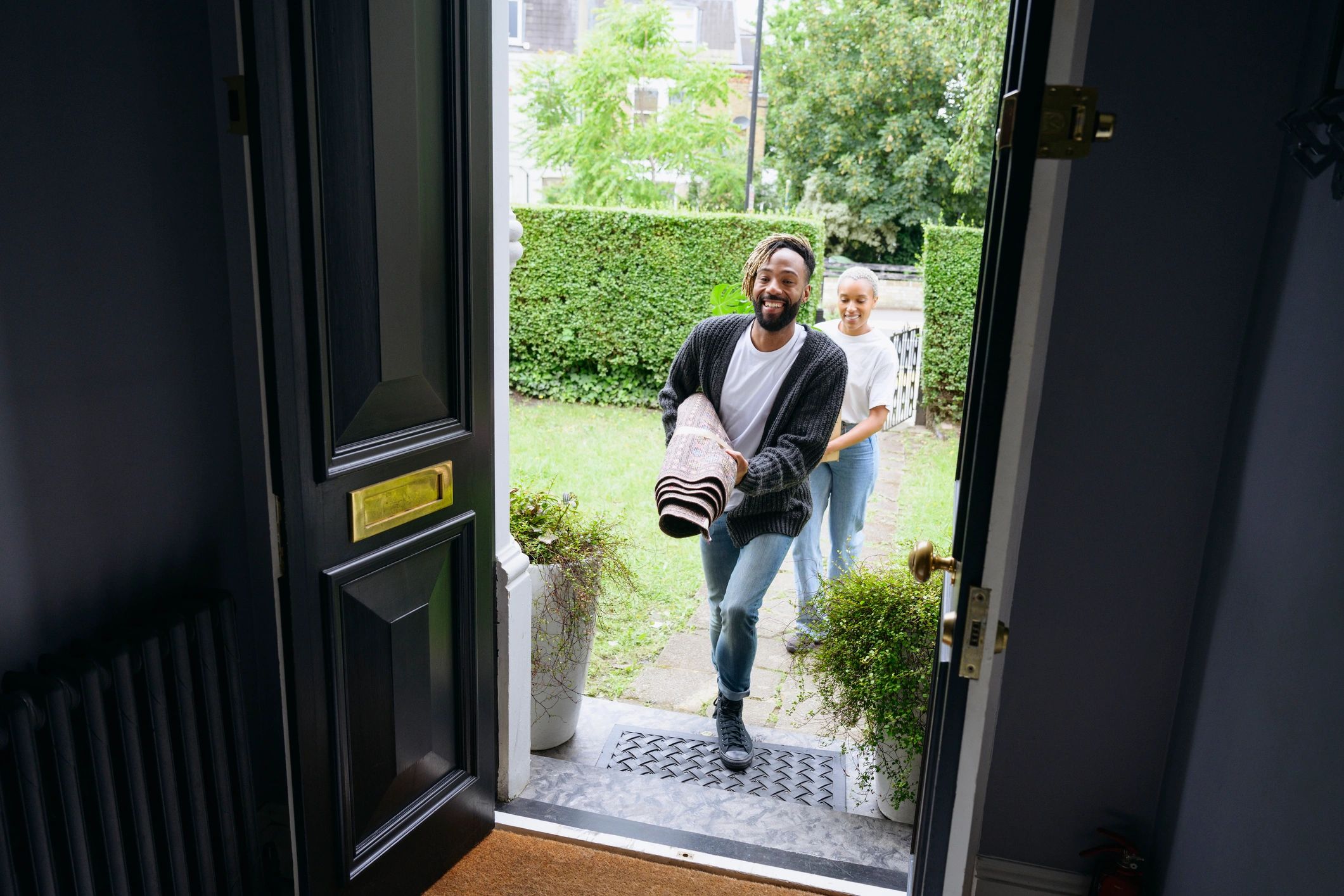 Happy homeowners in a new home